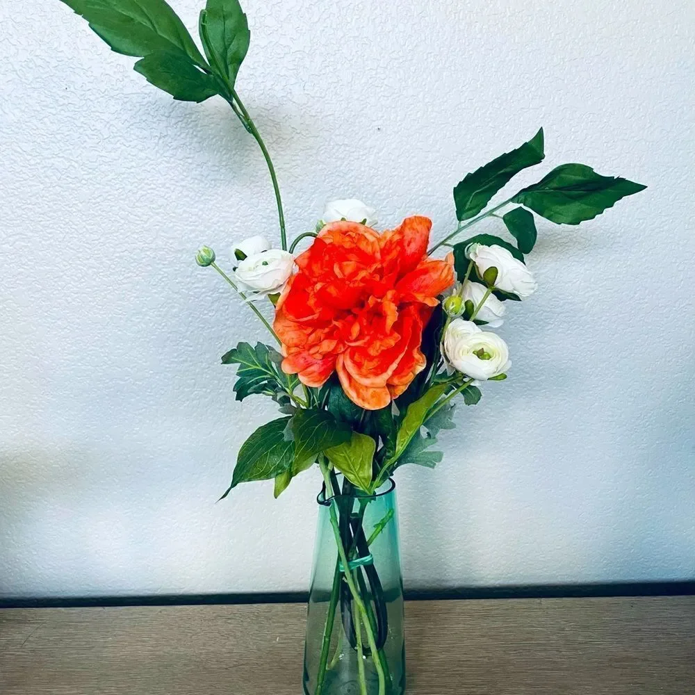 Spring Summer Floral Orange Peony Green Vase Arrangement